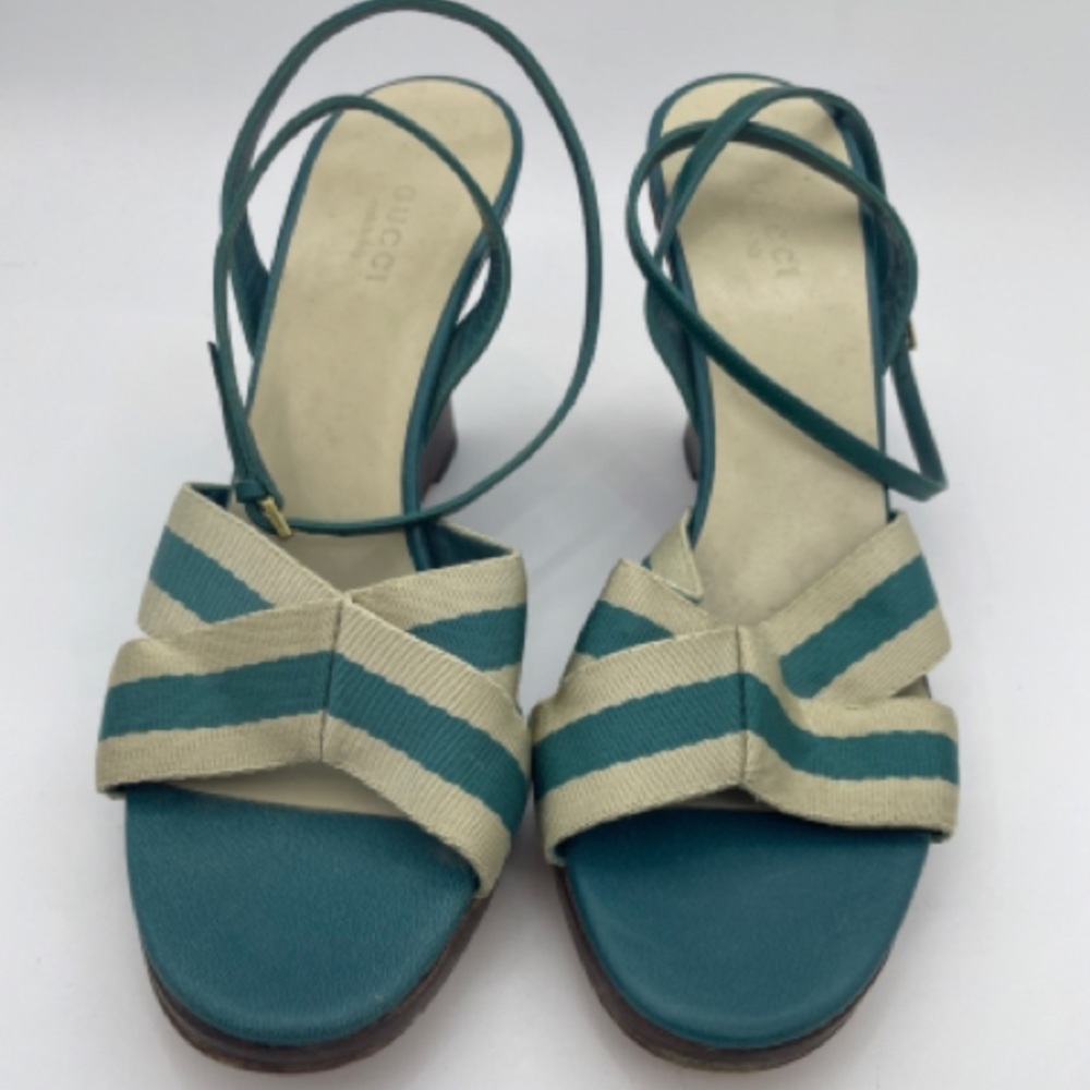 Gucci teal&beige stripe wedges w wooden heel sz 38 - Picture 4 of 4